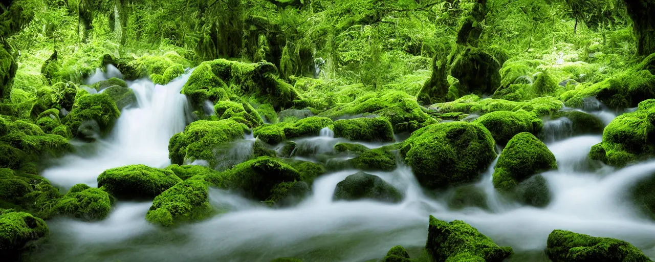 Prompt: deep forest, small rainbow river waterfall, light shimmering, water mists, big river stones covered in moss, wild flowers, subtle color variantions, grain, stylized, summer rain, gentle mists, a white robed benevolent magician clothed in a royal garment in contemplation and meditation casts a benevolent white magic spell, by Eyvind Earle and Mary Blair