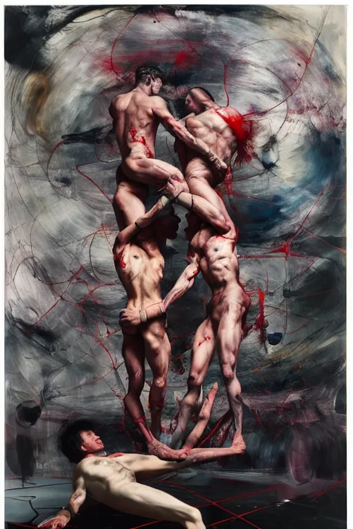 Image similar to muscular men entwined together, floating in space, inside a brutalist space ship, gothic, rich deep colours, painted by francis bacon, adrian ghenie, james jean and petra cortright, part by gerhard richter, part by jenny saville, part by takato yamamoto. 8 k 3 d epic