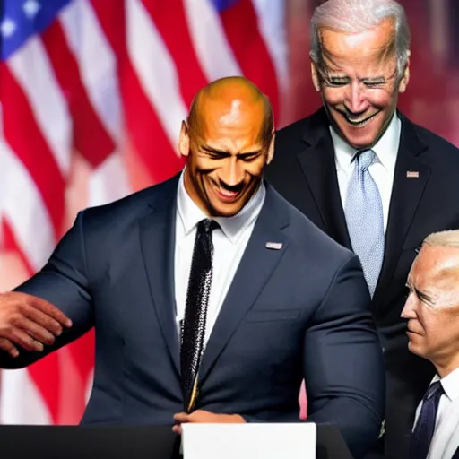 Prompt: Dwayne The Rock Johnson holding a gun to Joe Biden