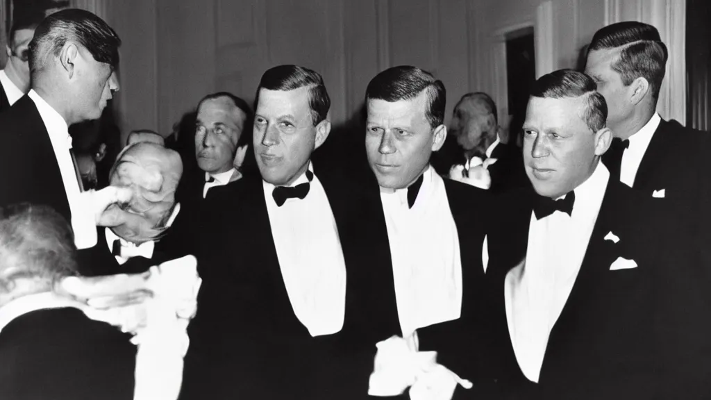 Image similar to a vintage color kodachrome photograph of cthulhu in a tuxedo at a fundraising in the white house with jfk in 1 9 6 3