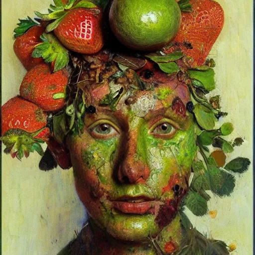 Prompt: a sculpture portrait made of kiwi and strawberries and mud and plants, painting part by wojciech siudmak, part by ilya repin, part by max ernst, part by norman rockwell, artstation