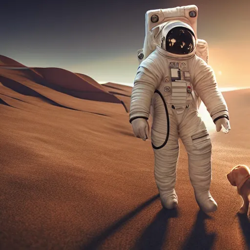 Image similar to a beautiful photo of an astronaut patting his dog, soft light, morning light, photorealistic, realistic, octane, 8k, cinematic shot
