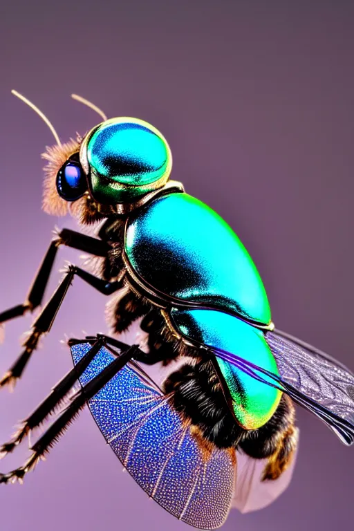 Prompt: high quality macro robot metallic tachinid fly! gorgeous highly detailed hannah yata elson peter cinematic turquoise lighting high quality low angle hd 8k sharp shallow depth of field