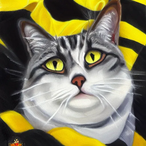 Prompt: oil painting wide shot from below of a white and grey tabby cat wearing a black yellow striped hufflepuff scarf, in front of hogwarts castle, digital painting, high detail, award-winning, playful, deep focus, realistic, hyperrealistic, magical