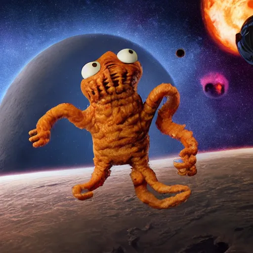 Image similar to eldritch horror bloody garfield in space, hd, 8 k, giant, epic, realistic photo, unreal engine, stars, prophecy, powerful, cinematic lighting, destroyed planet, debris, violent, sinister, ray tracing, dynamic, epic composition, dark, horrific, teeth, grotesque, monochrome drawing, hellscape