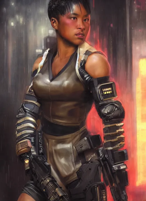 Image similar to black chun li. cyberpunk blackops hacker in a military vest ( blade runner 2 0 4 9, cyberpunk 2 0 7 7 ). orientalist portrait by john william waterhouse and james gurney and theodore ralli and nasreddine dinet, oil on canvas. cinematic, hyper realism, realistic proportions, dramatic lighting, high detail 4 k