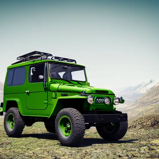 Image similar to closeup of a green Toyota Fj43 build in 1981, traveling through the mountains, black roof, with a roof rack, detailed, in the style of Leonardo da Vinci, 8K, octane render, 8K,