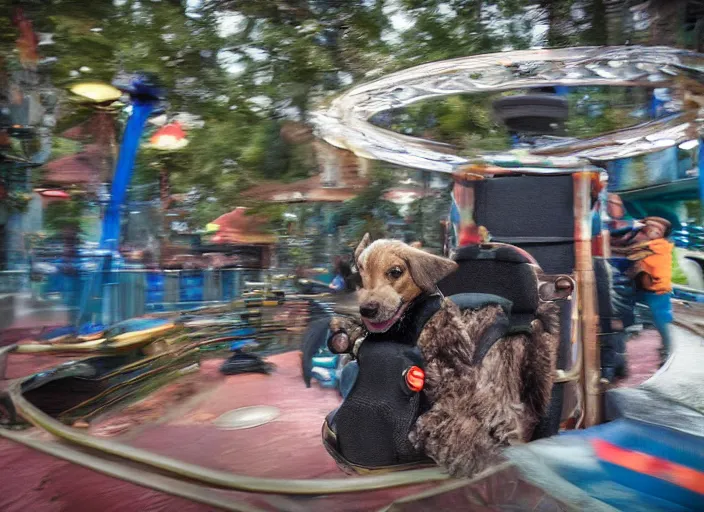 Image similar to film still of a dog riding a roller coaster in disneyland paris, 8 k