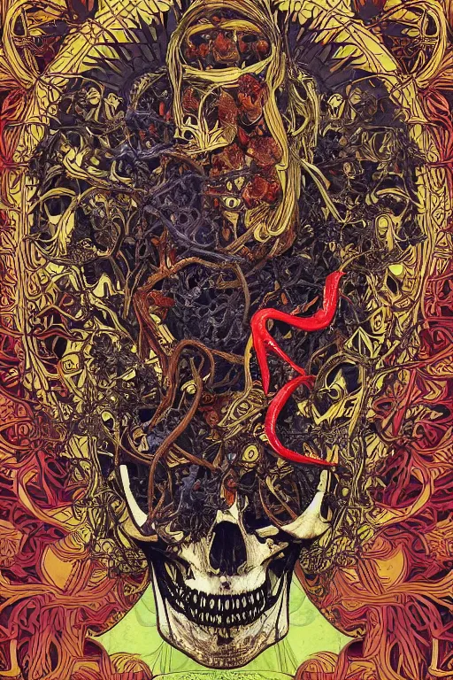 Image similar to intricate anatomical skeleton of a crow, crow skull, background consists of interwoven varities of superhot chili peppers, entanglement, -no human, bhut jolokia, carolina reaper, trinidad scorpion, voronoi, fibonacci sequence, leaves, by Moebius,Alphonse Mucha, peter mohrbacher, hiroshi yoshida, Art Nouveau, cgsociety, concept art, tweed colour scheme, psychedelic, complementary colour scheme, 3d