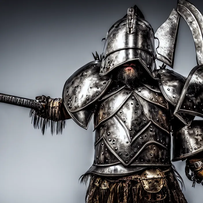 Image similar to photo of a warrior with metal walrus themed armour, highly detailed, 4 k, hdr, smooth, sharp focus, high resolution, award - winning photo
