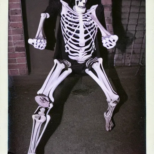 Image similar to skeleton drummer, wild, flash polaroid photo,