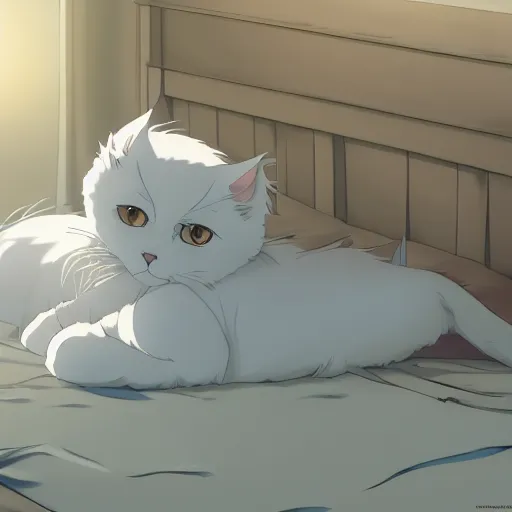 Prompt: a white ragdoll cat lies on the bed in the bedroom, warm atmosphere, anime key visual, digital art, anime screenshot, kyoto animation, makoto shinkai, trending on pixiv,