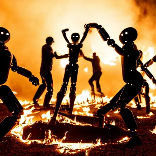 Image similar to Robot workers dancing around a fire