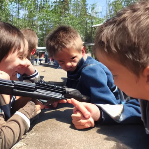 Prompt: a photo of kids playing with aks.