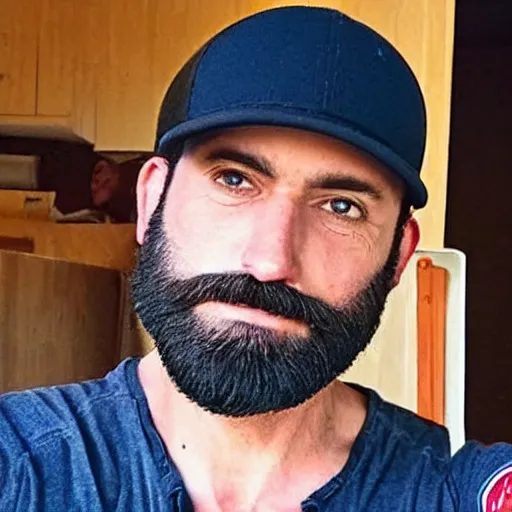 Prompt: a middle age bearded social media dork with generic baseball hat and a fake guru vibe, short groomed beard, douchey expression, generic trucker hat