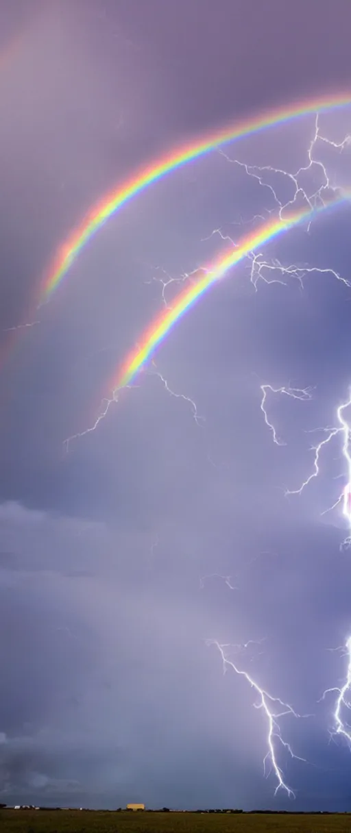 Prompt: storm filled sky with rainbow lightning, rainbow, rainbow lightning, dark clouds, open field, dark, colorful