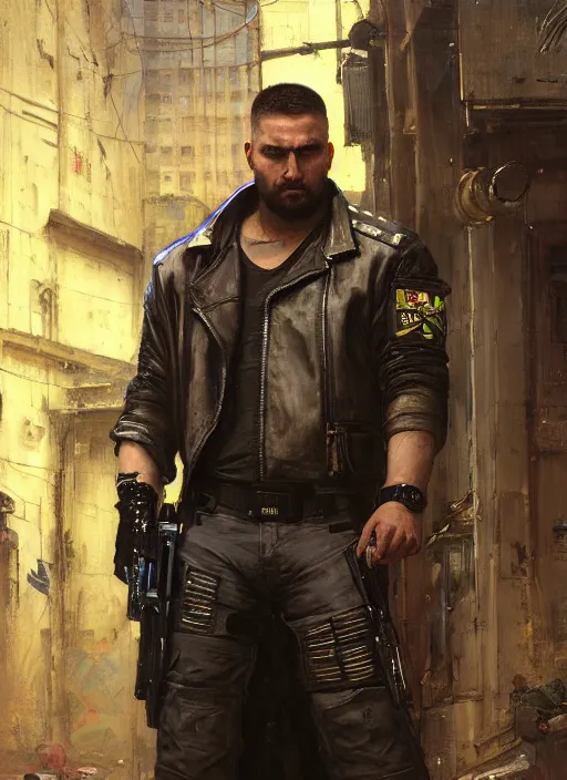 Image similar to big mike. cyberpunk Thug wearing a military vest and combat gear. (Cyberpunk 2077, bladerunner 2049). Round face. Iranian orientalist portrait by john william waterhouse and Edwin Longsden Long and Theodore Ralli and Nasreddine Dinet, oil on canvas. Cinematic, hyper realism, realistic proportions, dramatic lighting, high detail 4k