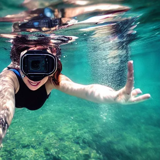 Image similar to woman taking a selfie with a fish, underwater, gopro photo