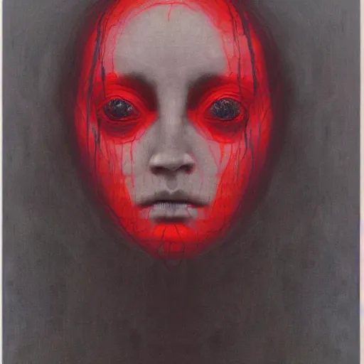 Prompt: portrait photo of a woman by Zdzislaw Beksinski, black eyes, red lines are wrapped around her
