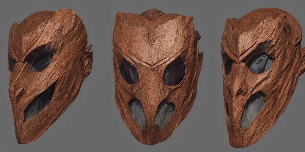 Image similar to wooden mask of fear design, character sheet, Moebius, Greg Rutkowski, Zabrocki, Karlkka, Jayison Devadas, Phuoc Quan, trending on Artstation, 8K, ultra wide angle, zenith view, pincushion lens effect