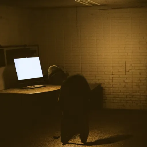 Image similar to golbin man hiding away on a computer in a dark hovel flash light lit dimly lit room