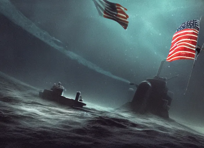 Image similar to astronaut holding a flag in an underwater desert. a submarine is visible in the distance. dark, concept art, cinematic, dramatic, atmospheric, 8 k, trending on artstation, blue, fish, low visibility, fog, ocean floor, christopher nolan, interstellar