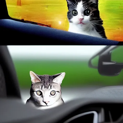 Prompt: a cat in the car, creative photo manipulation