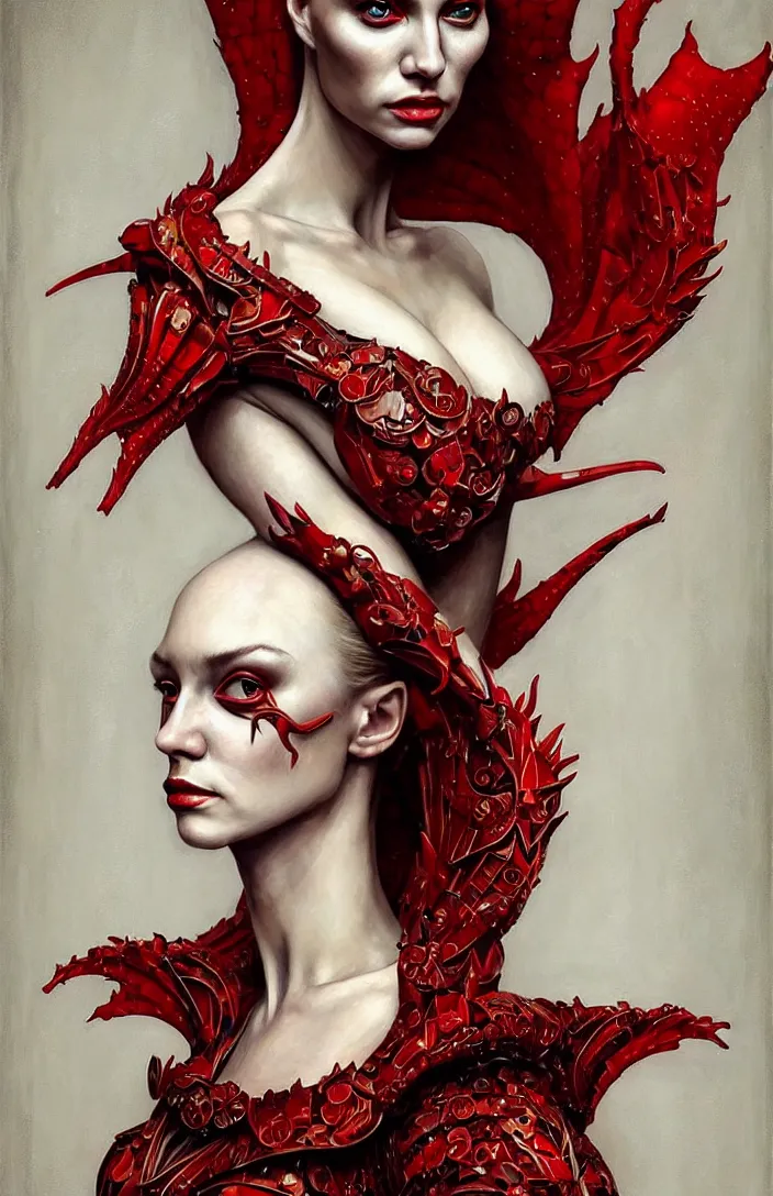 Prompt: epic professional portrait of gorgeous thin white woman, perfect face, armoured red dress, painted, intricate, detailed, by leesha hannigan, wayne haag, reyna rochin, ignacio fernandez rios, mark ryden, iris van herpen, artstation, cgsociety, epic, stunning, gorgeous, much wow.