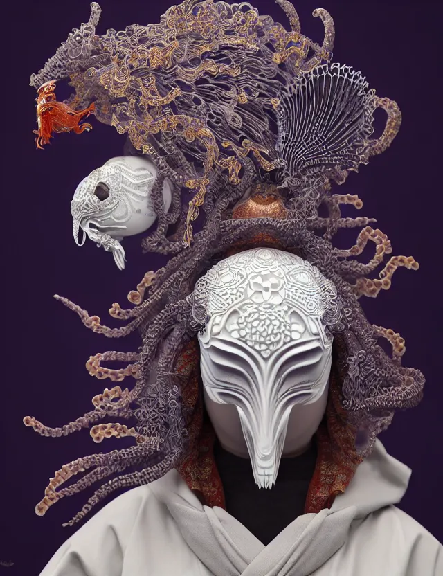 Image similar to 3 d goddess close - up profile portrait of cultist monk in hooded robe with ram skull. beautiful intricately detailed japanese crow kitsune mask and clasical japanese kimono. betta fish, jellyfish phoenix, bio luminescent, plasma, ice, water, wind, creature, artwork by tooth wu and wlop and beeple and greg rutkowski