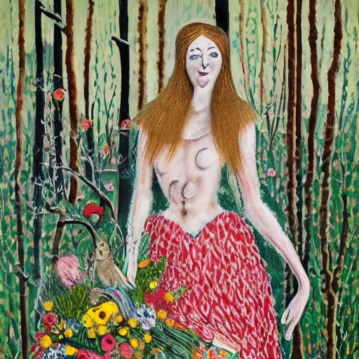 Image similar to In the photograph Vasilisa can be seen standing in the forest, surrounded by animals. She is holding a basket of flowers in one hand and a spindle in the other. Her face is turned towards the viewer, with a gentle expression. In the background, the forest is depicted as a dark and mysterious place. by Jean Dubuffet, by Kevin Sloan dynamic, geometric