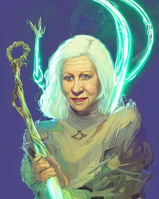 Prompt: a white-haired witch holding a gnarled staff, helen mirren, wisdom of the ages, glowing iridescent accents, digital apex legends illustration portrait, gorgeous lighting, wide angle action dynamic portrait, art by Josan Gonzalez, bright colors, green and gold palette, high contrast