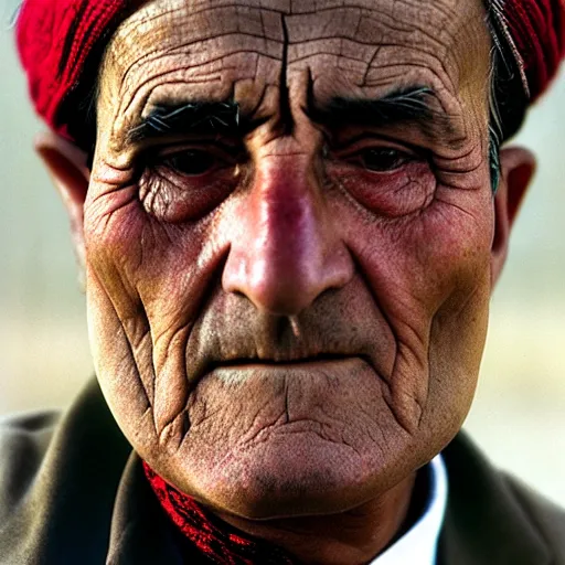 Image similar to portrait of president lyndon b johnson as afghan man, green eyes and red scarf looking intently, photograph by steve mccurry