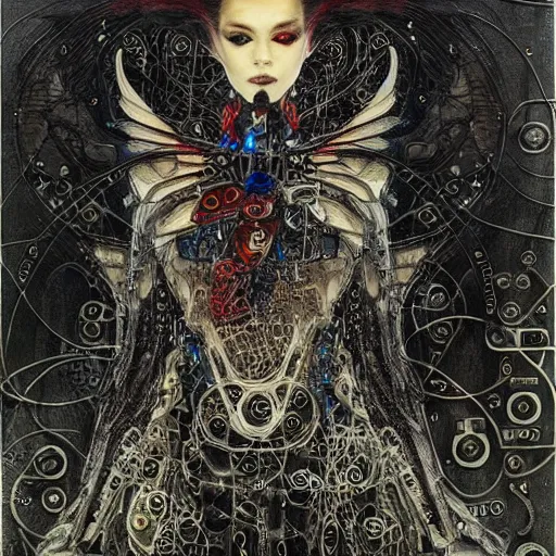 Prompt: winged cybernetic vampire trapped in circuitry, intricate detail, miro, royo, whealan, klimt,