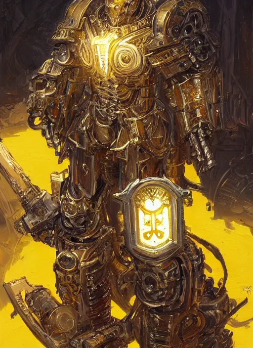 Image similar to dynamic portrait of a intricate glorious holy mechanical warforged character in yellow armor holding a paladin engraved great longsword and carrying a big paladin shield, spotlight from face , epic , trending on ArtStation, masterpiece, cinematic lighting, by Jesper Ejsing and by Philippe Druillet and by Yoann Lossel