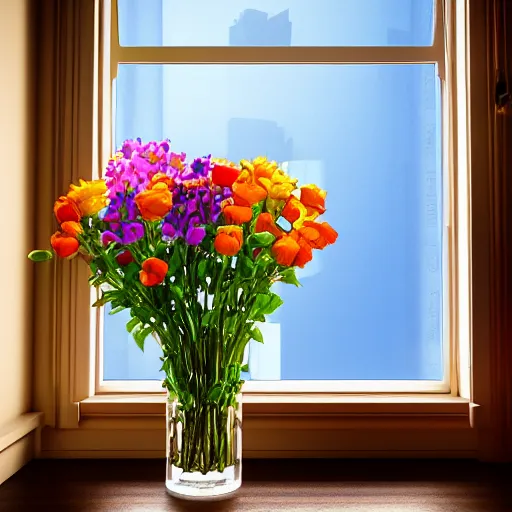 Prompt: a vase with a colorful and beautiful flower arrangement, placed on the windowsill. through the window you can see the beautiful city. noon. beautiful lighting, 4 k post - processing, trending in art station, cg society, highly detailed, 5 k extremely detailed, 3 d. cinematic scene.