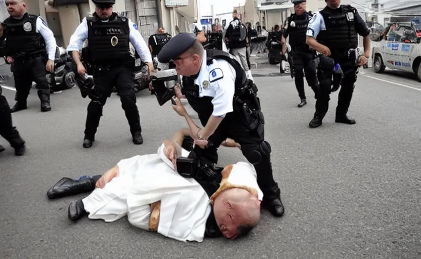 Image similar to photography of priest detained by police, flash shot, arrested and handcuffed