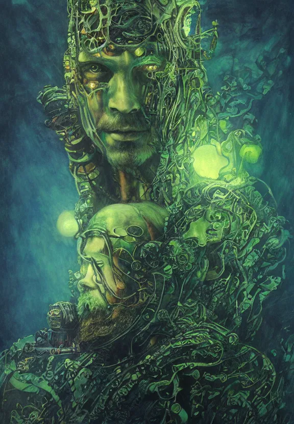 Prompt: ( underwater ) middle length portrait of a glowing cyborg leshy, cinematic light, looking to the side off camera, backlight glow, green gold, mist, by mikhail vrubel, by philippe druillet, by peter elson, by gerald brom, muted colors, extreme detail, trending on artstation, 8 k