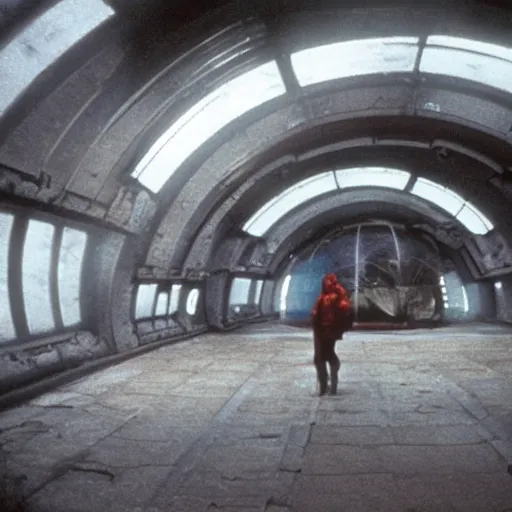 Image similar to 35mm film still blade runner set on Mars in an neon city, domes made of glas