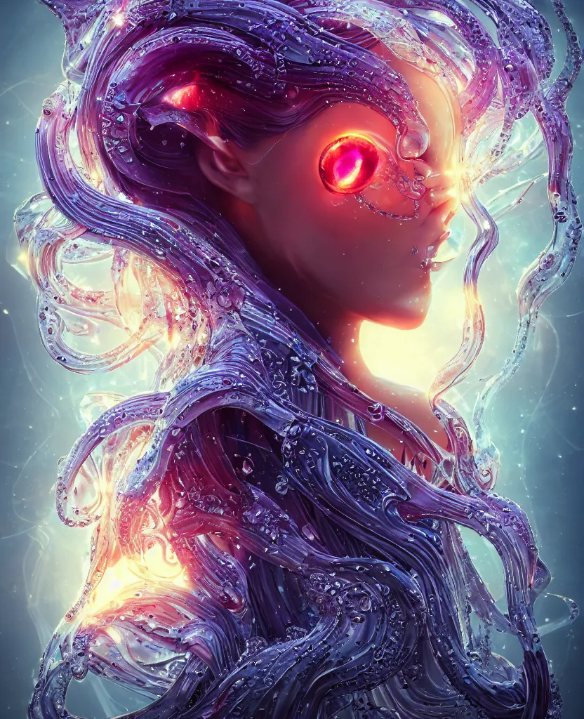 Image similar to close-up macro portrait of the face of a beautiful princess, epic angle and pose, symmetrical artwork, 3d with depth of field, blurred background, cybernetic jellyfish female face skull phoenix bird, translucent, nautilus, energy flows of water and fire. a highly detailed epic cinematic concept art CG render. made in Maya, Blender and Photoshop, octane render, excellent composition, cinematic dystopian brutalist atmosphere, dynamic dramatic cinematic lighting, aesthetic, very inspirational, arthouse. y Greg Rutkowski, Ilya Kuvshinov, WLOP, Stanley Artgerm Lau, Ruan Jia and Fenghua Zhong