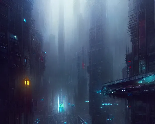 Image similar to great city being watched over by an all-seeing malevolent AI, a sci-fi digital painting by Greg Rutkowski and James Gurney, trending on Artstation, foreboding atmosphere, highly detailed