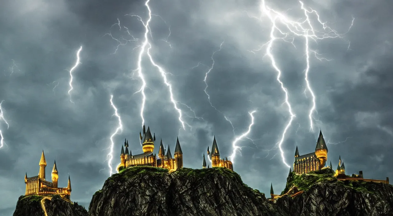 Image similar to slytherin harry potter flying with his wand forward. hogwarts castle and lightning strikes in the background. bad weather