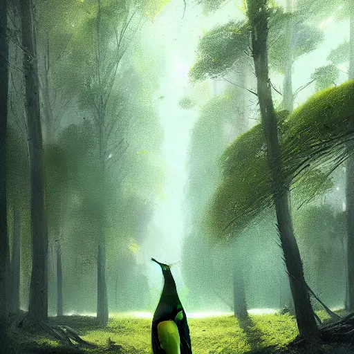 Image similar to green yellow white and black wren, reyezuelo listado, in avila pinewood, 4 k, concept art, by wlop, ilya kuvshinov, artgerm, krenz cushart, greg rutkowski, pixiv. cinematic dramatic atmosphere, sharp focus, volumetric lighting, cinematic lighting, studio quality