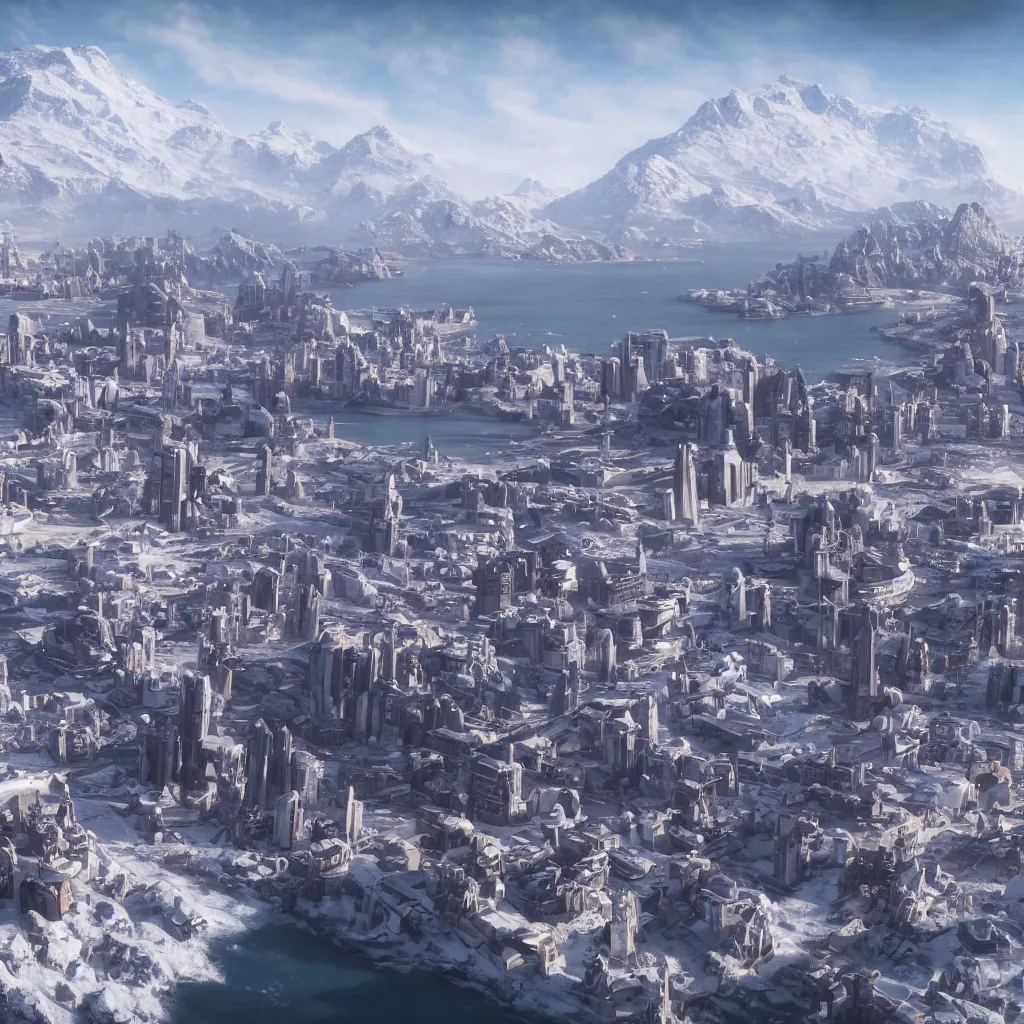 Image similar to A coastal city near some snow-capped mountains, sci-fi, 8k photorealistic, coruscant from star wars