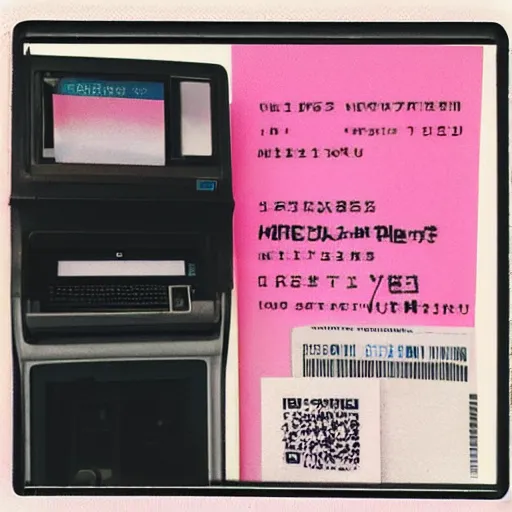 Image similar to a filmic polaroid photo of tickets printing from a ticket machine with symbols, vector graphic design of pale pink airline tickets that read “ to the metaverse ” in bold text, alien ar code and e - ink display, highly detailed, no noise, coherent text english characters