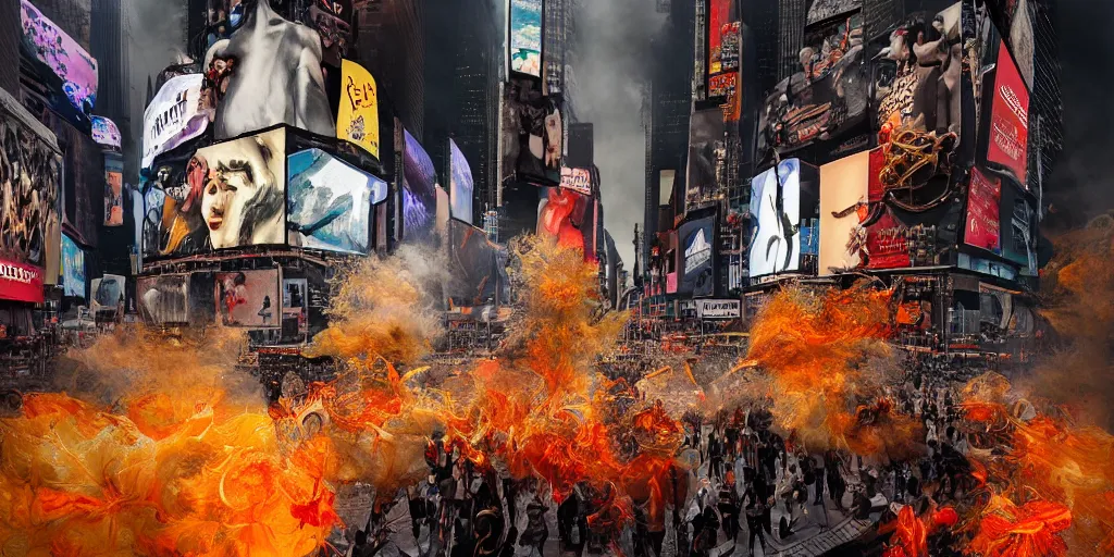 Prompt: 'Deamons unleashed in Times Square' by István Sándorfi royally decorated, whirling smoke, embers, gold encrustations , gilt silk torn fabric, radiant colors, fantasy, perfect lighting, studio lit, volumetric lighting, micro details, 3d sculpture,