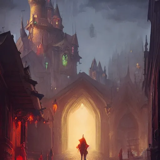 Image similar to street leading to a fantasy castle, dramatic lighting, city background, chiaroscuro, high detail, painted by greg rutkowski, painted by igor kieryluk, painted by bobby chiu, trending on artstation