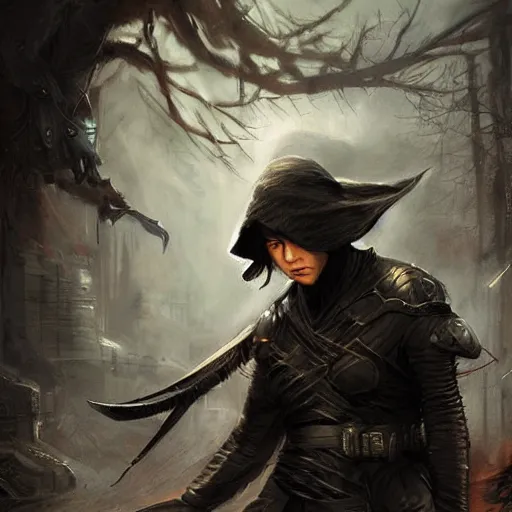 Prompt: a ninja silently waits for you by raymond swanland, highly detailed