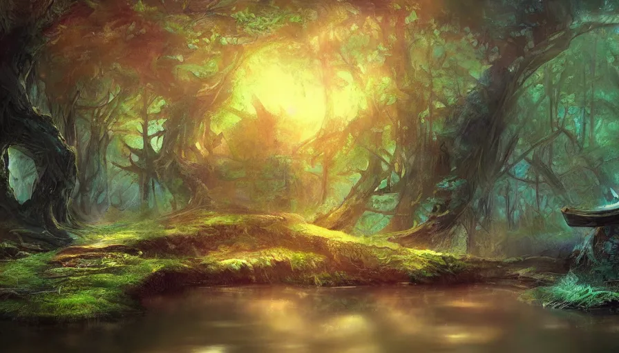Prompt: sword stuck in a pond island, rainy enchanted forest of the ancients, moody high exposure, vibrant deep saturated colors, digital painting, concept art, photoshop speedpaint, visual novel
