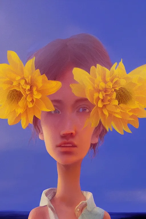 Image similar to closeup girl with huge yellow dahlia flower face, on the beach, surreal photography, blue sky, sunrise, dramatic light, impressionist painting, digital painting, artstation, simon stalenhag