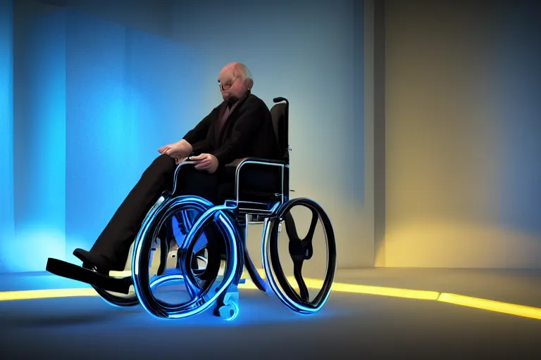 Image similar to man on a futuristic wheelchair, blue neon wheels, beautiful lighting, post processing, ultra realistic details, hyper real, unreal engine 5, octane render